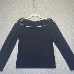 Free People Black Off-Shoulder Lace-Trim Long Sleeve Top